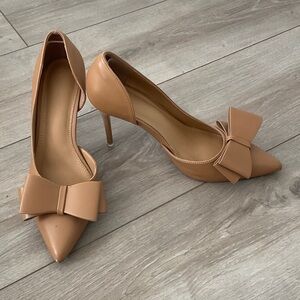 Pointed Tan Bow Stiletto Pumps - Women's Heels